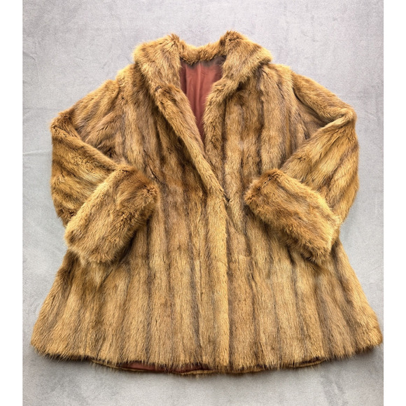 Kerrybrooke Faux Fur Coat Vintage 1950s Brown Made in USA WM L/XL 3/4 Length - Picture 1 of 10